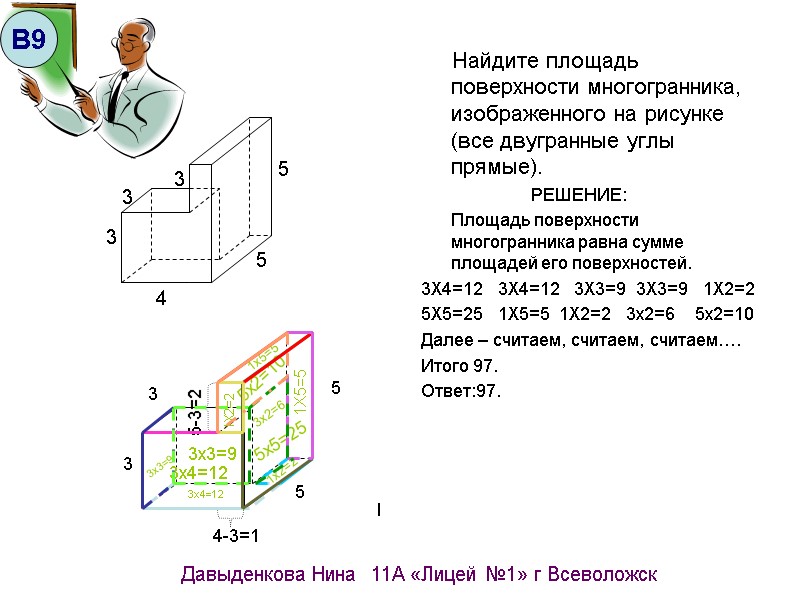 Найдите площадь поверхности многогранника, изображенного на рисунке (все двугранные углы прямые).   